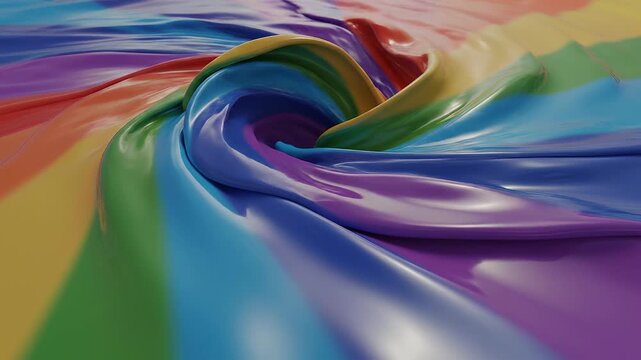 A vibrant swirling vortex of rainbow colors creating a mesmerizing abstract pattern with flowing, glossy textures and a sense of dynamic motion, evoking feelings of joy and creativity