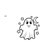Obraz premium Cute cartoon ghost with moon and stars