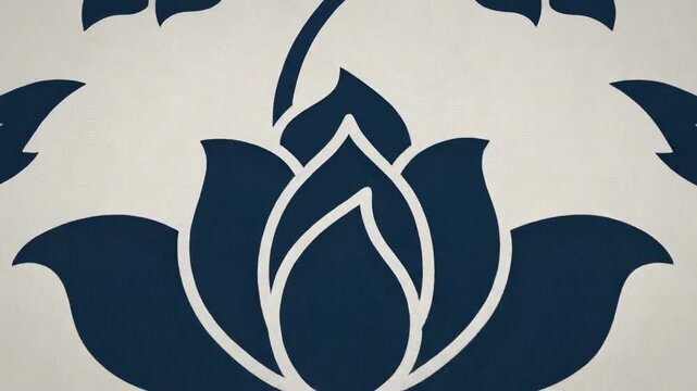 Elegant navy blue floral damask pattern, seamless botanical motifs with scrolling vines and lotus flowers on a textured cream background, traditional textile design element