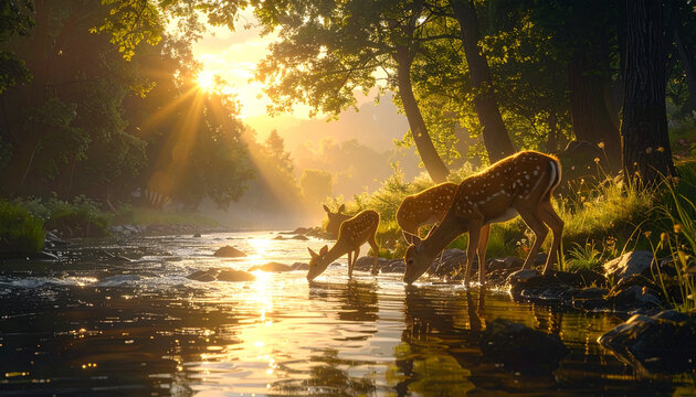 Deer drinking in sunlight