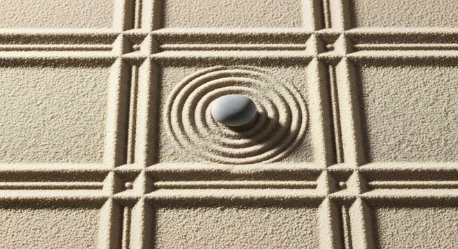 Zen Garden Sand Pattern with Stone Close Up.