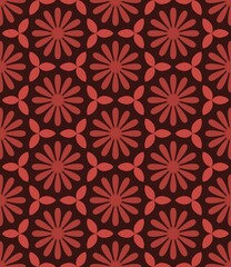 Fototapeta premium Red floral pattern repeats across dark red background. Petals form stylized, symmetrical flower shapes. Design features overlapping, curved, pointed leaf elements