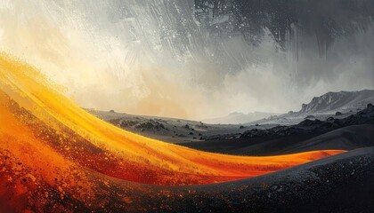 Dramatyczny krajobraz wulkaniczny z gorącą lawą spływającą po ciemnych zboczach pod zachmurzonym niebem pełnym popiołu w artystycznym ujęciu.