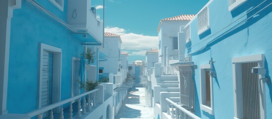 Fototapeta premium Experience the vibrant tranquility of a sun-drenched Mediterranean village where bold blue walls meet pristine white architecture.