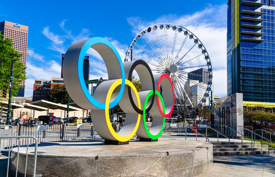 Centennial Olympic Park, Atlanta, Georgia, US. It was built to serve as a central gathering spot for the 1996 Summer Olympic Games. Now, it is hub of the downtown community. Behind is SkyView Atlanta 