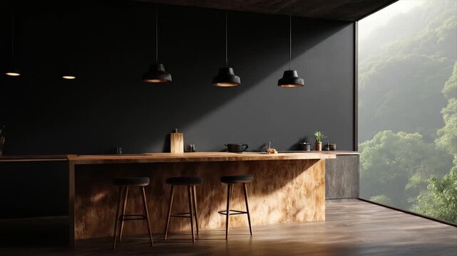 Modern kitchen interior with large window and scenic view design concept