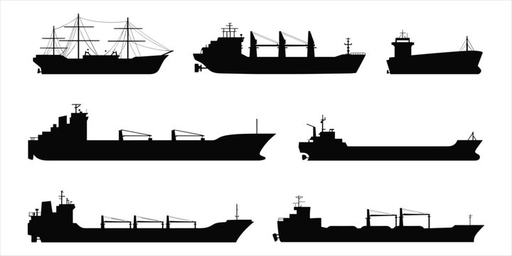 Assortment of Silhouettes Featuring Cargo Ships and a Sailing Vessel container ship freighter