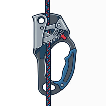 Illustration of a rope ascender device used for climbing, with a braided rope threaded through it.