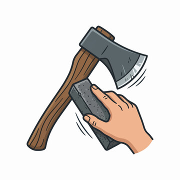 A hand sharpens an axe with a whetstone, preparing it for use.