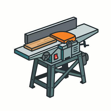 An illustration of a jointer planer machine with a piece of wood on its bed, set against a white background. It features a grey body, an orange safety guard, and a red power button.