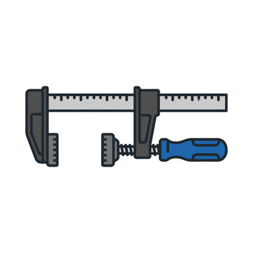 Flat design illustration of a grey and black bar clamp with a blue handle. This woodworking tool features a long bar with markings, a fixed jaw, and an adjustable jaw with a screw mechanism.