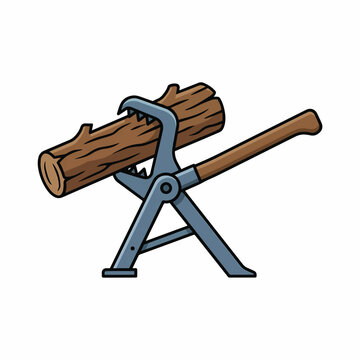 Cartoon illustration of a log held securely by a timberjack or log jack, a manual tool for lifting and stabilizing logs for cutting.