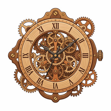 A steampunk-inspired wooden clock with a visible intricate brass gear mechanism and Roman numerals. It features an ornate, vintage design with decorative elements.