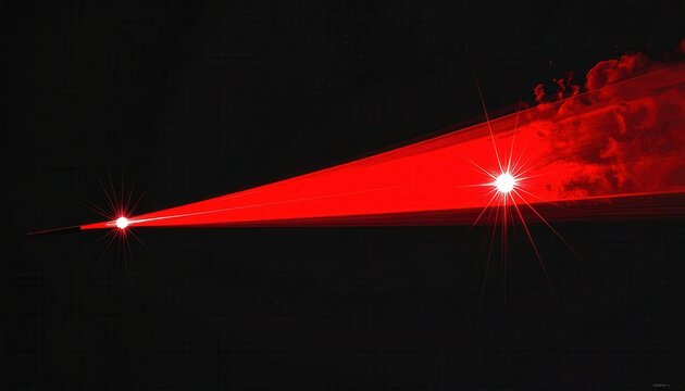 暗闇の中を鋭く貫く鮮やかな赤いレーザービームの光跡と眩しく輝くレンズフレアが印象的で、高速移動するエネルギーや最先端テクノロジー、サイバー空間を彷彿とさせる、ダイナミックで近未来的な抽象背景ビジュアル素材。