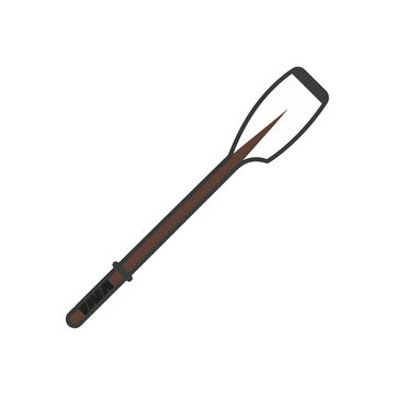 A stylized illustration of a wooden oar with a dark brown shaft and a light brown blade, set against a white background.