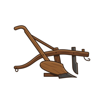 An illustration of a traditional wooden plow with a metal plowshare and coulter, designed for tilling soil. It features a rustic, antique look on a white background.
