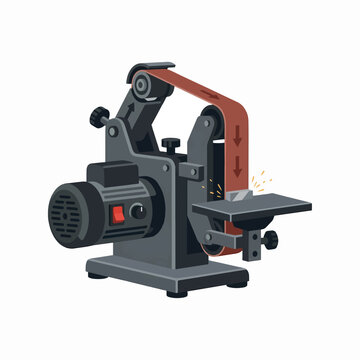 A dark gray belt grinder with a red sanding belt actively grinds a metal workpiece, generating sparks, against a white background.