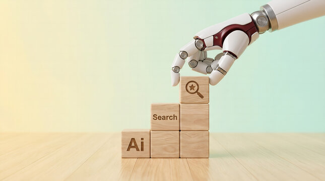 AI powered search engine optimization technology and digital marketing growth represented by robot hand building blocks