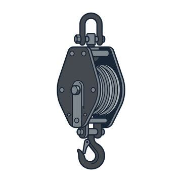 A dark gray, double-sheaved pulley system with a hook at the bottom and a shackle at the top, on a white background.