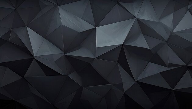 ダークグレーと黒のトーンで構成された、洗練された低ポリゴンの幾何学的な抽象背景素材です。鋭い三角形の面が複雑に重なり合い、高級感と深みのある3Dテクスチャを表現しており、テクノロジーやビジネス向けのモダンなデザインに最適です。