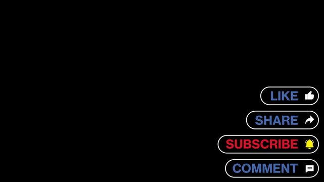 Simple Minimalist like share subscribe and comment icon lower thrid sliders on black background, Suitable for video blog, vlogger and content creators