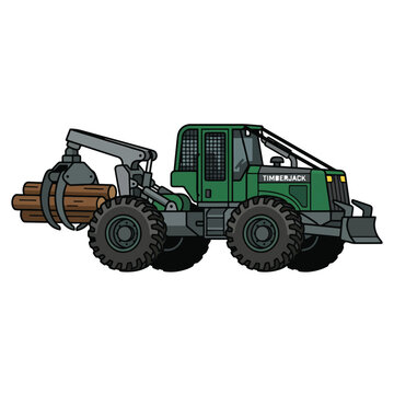 A green Timberjack log skidder machine with a grapple arm is lifting a bundle of logs.