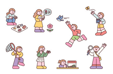 Cute children are engaging in hands-on learning by directly observing nature. Cute character with a round face, featuring a design and geometric shape.