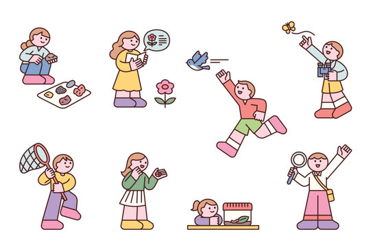 Cute children are engaging in hands-on learning by directly observing nature. Cute character with a round face, featuring a design and geometric shape.