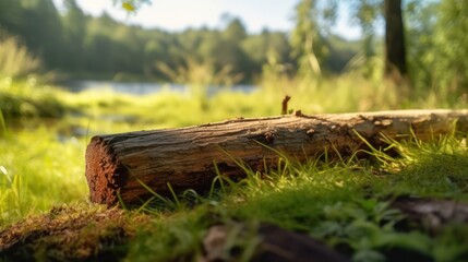 Fototapeta premium Find peace in the intricate details of a sun-drenched forest floor by the water's edge.