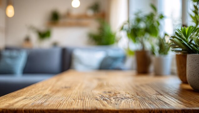Empty wood table top on Scandinavian living room 