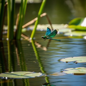 Dragonflies flying over the lake