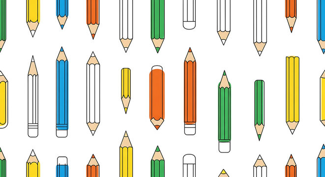 Colorful pencils arranged in a pattern on a white background, Back to school, copy space for text or design, educational supplies