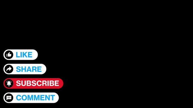 Minimalist like share subscribe and comment icon lower thrid sliders on black background