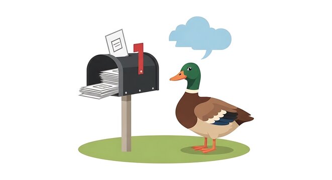 Mallard duck looking at mailbox full of papers with thought bubble on a grassy area.