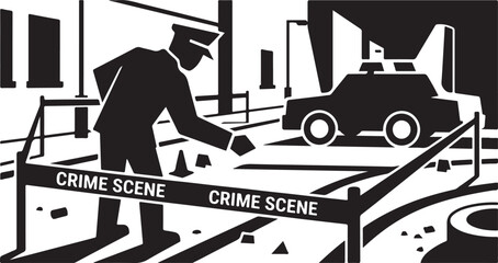 Stylized Graphic Illustration of a Police Officer Investigating a Crime Scene with Evidence Markers and Patrol Car in a Noir City Setting. © amodha