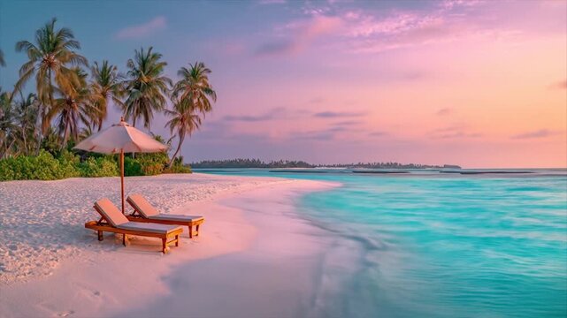 Tropical beach scene with palm trees and lounge chairs at sunset