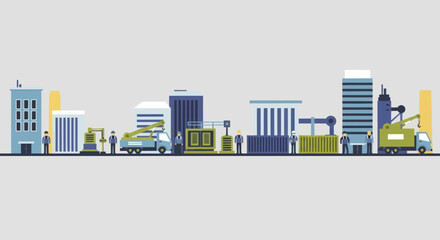Fototapeta premium Modern Cityscape with Delivery Trucks and Shipping Containers.