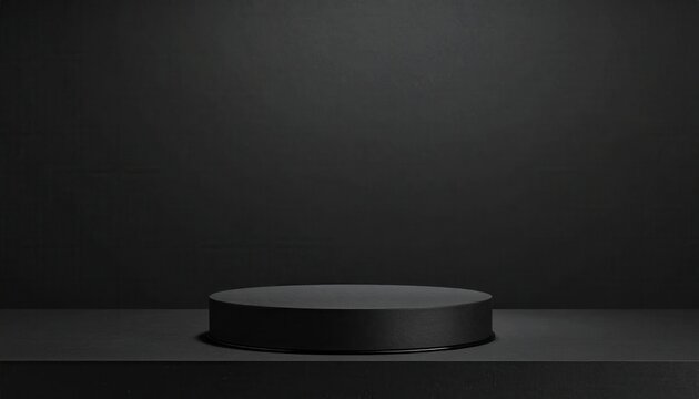 어두운 검은색 배경 앞에 놓인 미니멀한 원형 포디움은 프리미엄 제품 전시와 세련된 광고 디자인을 위한 매우 고급스럽고 현대적인 분위기의 3D 렌더링 스튜디오 무대 공간을 완벽하게 제공합니다.