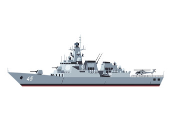 Fototapeta premium Modern Warship with Helicopter Pad and Artillery Guns.