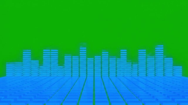 Animated blue audio equalizer bars on green background vibrant digital visualization