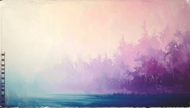 몽환적인 보라색과 분홍색 톤의 안개가 자욱한 침엽수림과 고요한 호수가 어우러진 평화롭고 신비로운 새벽 분위기의 예술적인 수채화 스타일 풍경화 배경 이미지로 자연의 아름다움을 담고 있습니다.