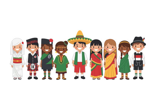 Diverse group of children in traditional cultural clothing celebrating global unity.