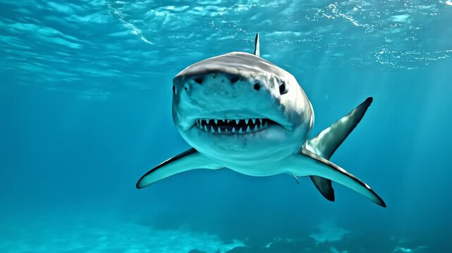 Great White Shark Swimming Swiftly Through Ocean Water Closeup