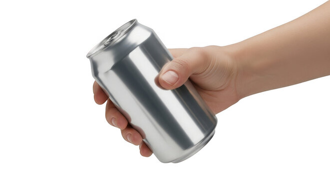 Hand holding a blank silver aluminum soda or beer can isolated on transparent background