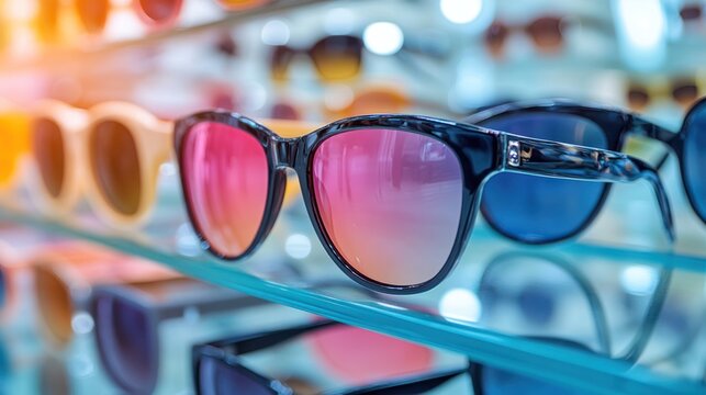 Sunglasses display on glass shelves