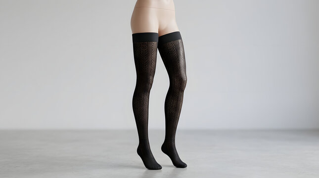 Black Lace Thigh High Stockings on Female Legs Minimal Studio Background Elegant Lingerie Fashion Style