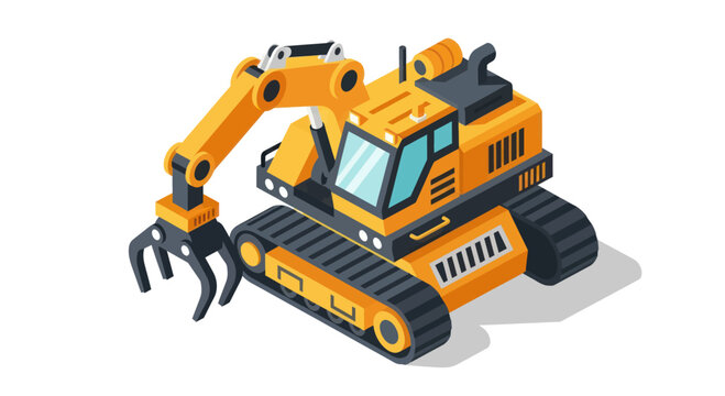 Isometric Heavy Duty Excavator with Grapple Claw.
