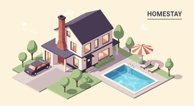 Isometric Homestay with Swimming Pool and Car.