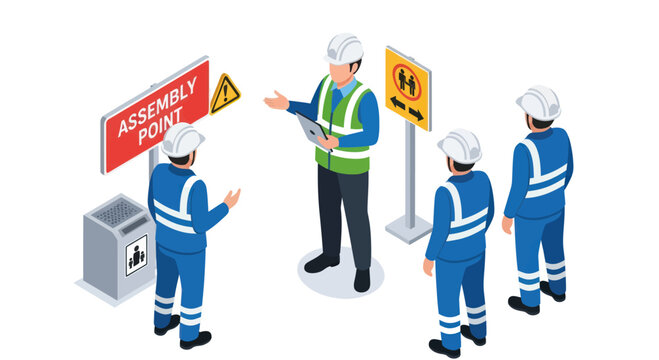 Isometric illustration of a safety briefing for industrial workers.