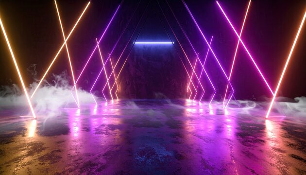 어두운 스튜디오 공간 속에서 화려하게 빛나는 보라색과 주황색 네온 조명이 기하학적인 터널을 형성하며 몽환적인 안개와 젖은 바닥의 반사가 완벽하게 어우러진 사이버펑크 스타일의 미래 지향적인 3D 렌더링 배경.